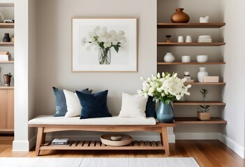 A modern and minimalist living room with a large white sofa, a wooden coffee table with decorative items, and a mockup wall. 3D Rendering
