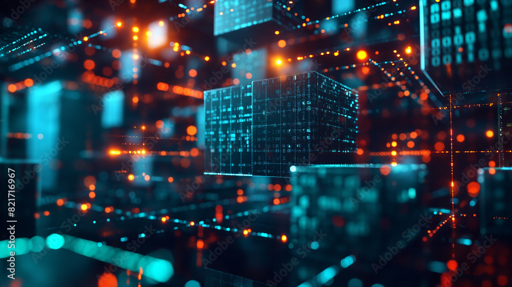 Poster digital data cubes with binary codes and circuit lines, futuristic technology background, modern cyb