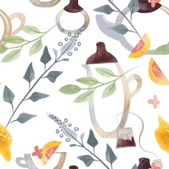 Herb tea. Melissa, mint, glassware, leaves and lemon slices. Seamless watercolor pattern for fabric, wallpaper, wrapping paper, packaging cosmetics, tablecloths, curtains and home textiles.