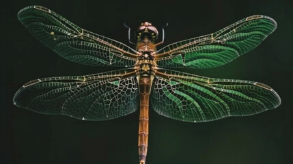   A lush green dragonfly perched on a leaf-topped tree branch against a dark backdrop