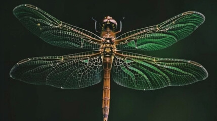   A lush green dragonfly perched on a leaf-topped tree branch against a dark backdrop - Powered by Adobe