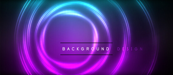 Neon glowing circle rays, light round lines in the dark, planet style neon wave lines. Energetic electric concept design for wallpaper, banner, background