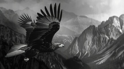  Bald eagle flying over mountain range in black & white