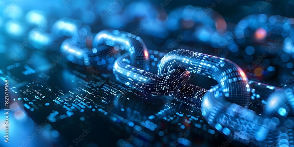 Poster secure and encrypted blockchain ledger with futuristic data visualization and technical details desc
