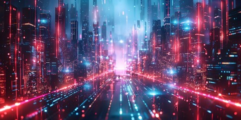 Fototapeta premium Futuristic Cityscape with Vibrant Neon Lights and Dramatic Technology Inspired Urban Landscape