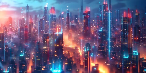 Futuristic smart city with vibrant IoT infrastructure and neon lit skyscrapers in a night landscape