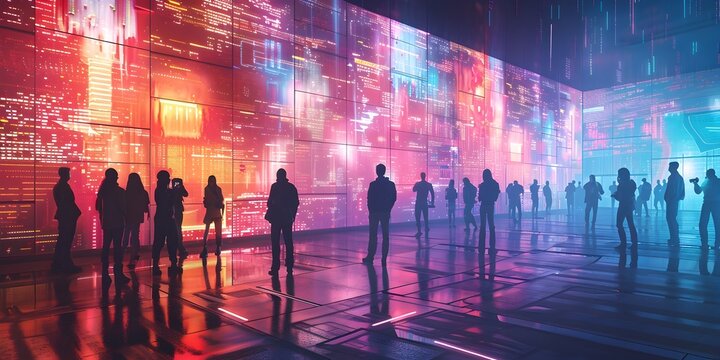 Futuristic Technology Conference with Vibrant Digital Displays and Dynamic Attendee Crowd