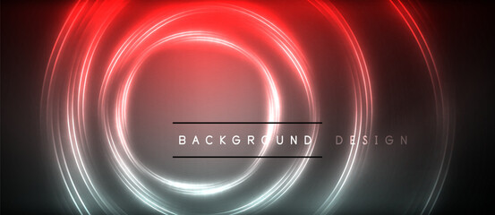 Neon glowing circle rays, light round lines in the dark, planet style neon wave lines. Energetic electric concept design for wallpaper, banner, background