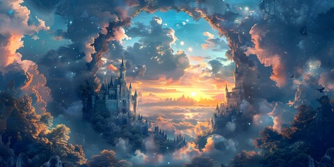 Enchanted Castle Frame with Vibrant Fantasy Scenery in the Sky