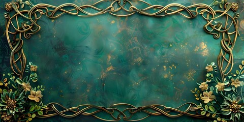 Intricate Celtic Knot Frame with Lush Green and Gold Accents for Elegant or Copy Space