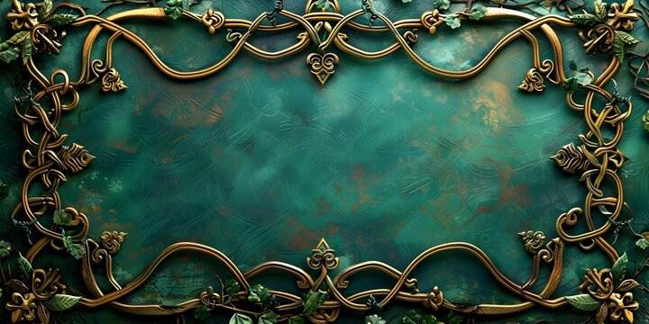 Ornate Celtic Knot Frame with Intricate Gold and Green Designs on Textured Background
