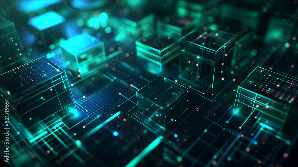 Poster digital data cubes with binary codes and circuit lines, futuristic technology background, modern cyb