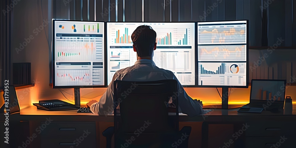 Poster Focused Office Worker Studying Data Analytics and Financial Reports on Multiple Monitors for Business Insights and Decision Making