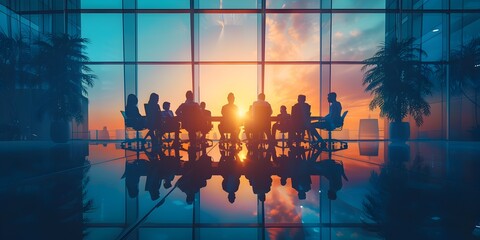 Silhouetted Corporate Team in Strategic Boardroom Discussion at Sunrise