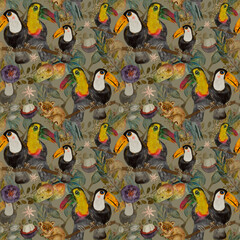 Large Colorful Toucan Birds, Mango and Tropical Fruit Plant, Seamless Watercolor rainforest Pattern
