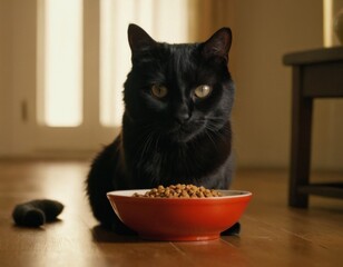 A black cat is sitting on a table with a bowl of food in front of it