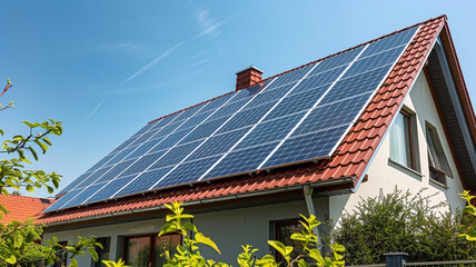 A house with solar panels on the roof. The sky is blue and the sun is shining.