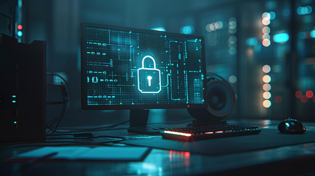 A dark and mysterious computer screen with a glowing padlock icon in the center.