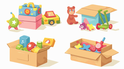 Child toys packed in plastic and cardboard boxes 
