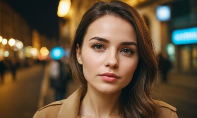 Obraz premium A woman with long brown hair and brown eyes is standing on a city street