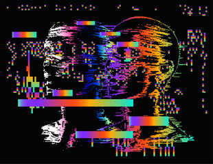 3D human face made of holographic pixels and particles on a dark background. A conceptual vector illustration of identity in virtual reality.