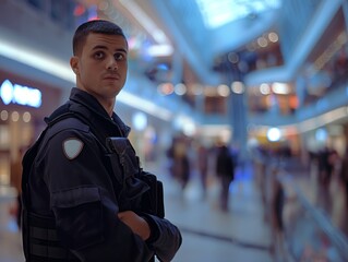 A focused security guard standing alert inside a bustling shopping center