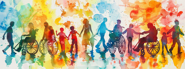 A colorful work of art depicting a diverse community of people celebrating International Day of Persons with Disabilities, with a wheelchair symbol in the background.