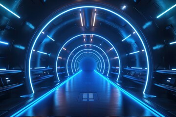 A futuristic tunnel illuminated with blue neon lights, creating a high-tech, sci-fi ambiance. a futuristic curved corridor with blue neon lights along the walls
