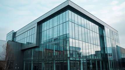 A modern building with a façade made of glass and metal, serving as a cultural center, is characterized by large windows that give it lightness and transparency.