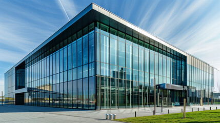 Obraz premium A modern building with a façade made of glass and metal, serving as a cultural center, is characterized by large windows that give it lightness and transparency.