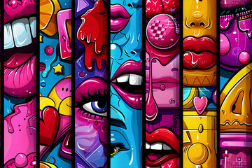 A colorful collage of faces and lips with a theme of love and passion