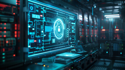 The image is showing a futuristic control room with a large digital display showing a padlock symbol.