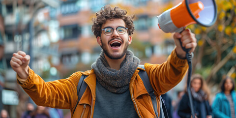 A student protestor holding up a megaphone at a protest