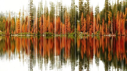   A vast forest brims with numerous trees surrounding a serene body of water, characterized by an array of vibrant orange trees in the background