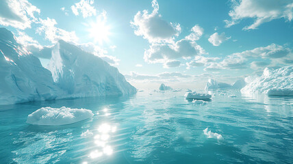 The photo shows a beautiful seascape with icebergs floating in the ocean. The sun is shining brightly and there are clouds in the sky.