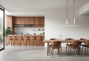 Modern kitchen interior with dining area on a cityscape background, showcasing wooden furniture and minimalist design, the concept of an urban home. 3D Rendering