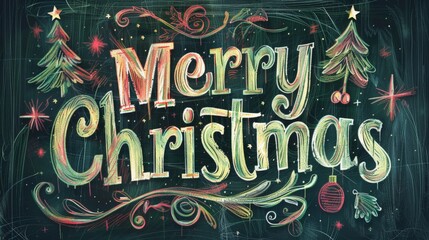 A chalkboard Christmas card featuring the words Merry Christmas written in festive and decorative lettering. - Powered by Adobe