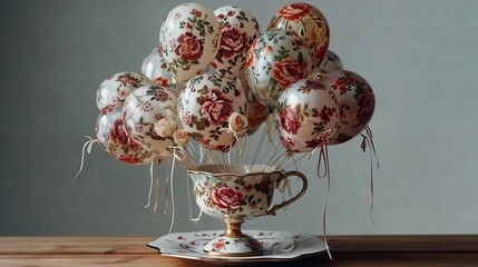   A vase brimming with various balloons atop a wooden table alongside a white plate featuring red blooms