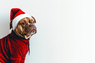 A dog is dressed up in a festive ensemble, complete with a red and white Santa hat and a cozy sweater. The canine looks adorable and ready for the holiday season.