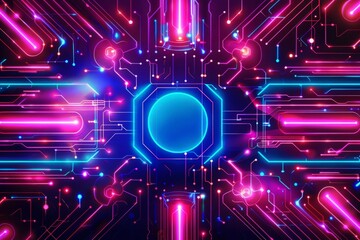 A vibrant futuristic background featuring neon lights in various colors, accentuating a prominent blue circle at the center. 