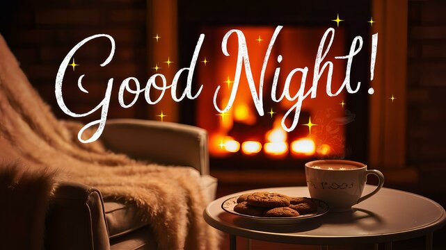 Good night inscription against the background of the chair and fireplace