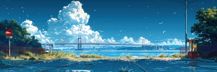 simple cartoon of white clouds in the sky against a blue background, in the style anime.