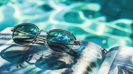 A pair of eyewear rests on top of an open magazine by the azure pool, reflecting the electric blue...
