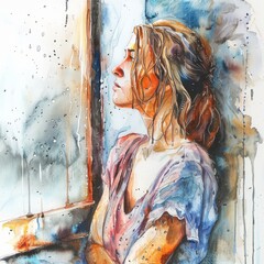 Watercolor painting of a woman looking out a rain-streaked window, waiting in vain for a lover who will never return, on isolated white backgro, Generative AI