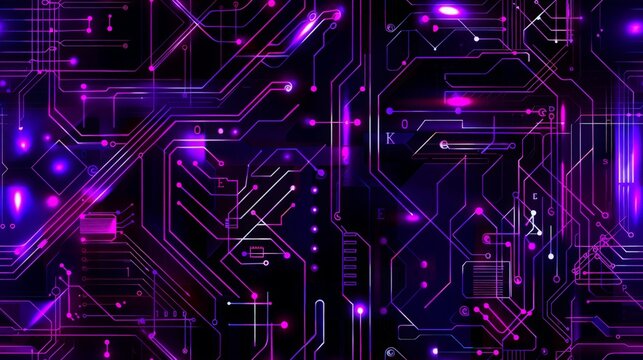 This image features a vibrant purple and black background filled with an intricate network of lines crisscrossing the frame. The lines vary in thickness and direction