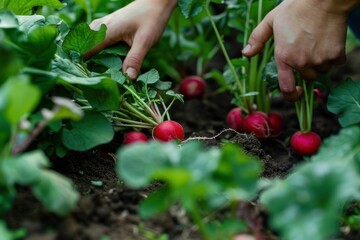 A close-up image of hands harvesting fresh radishes from a garden, showing vibrant red radishes with green leaves amidst dark, fertile soil.