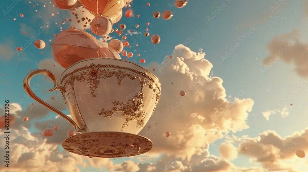 Poster an image of a coffee cup floating mid-air with balloons flying above and a hot air balloon overhead