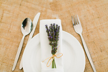 Lavender Place Setting Detail for Wedding with Burlap