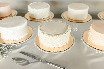 Variety of simple, elegant white and pastel wedding cakes on display