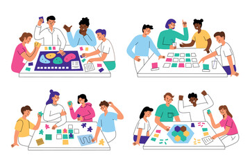 People playing table game set, board games scenes, collection of compositions with cartoon characters, vector illustrations of friends sitting together at table, having fun, leisure activity at home